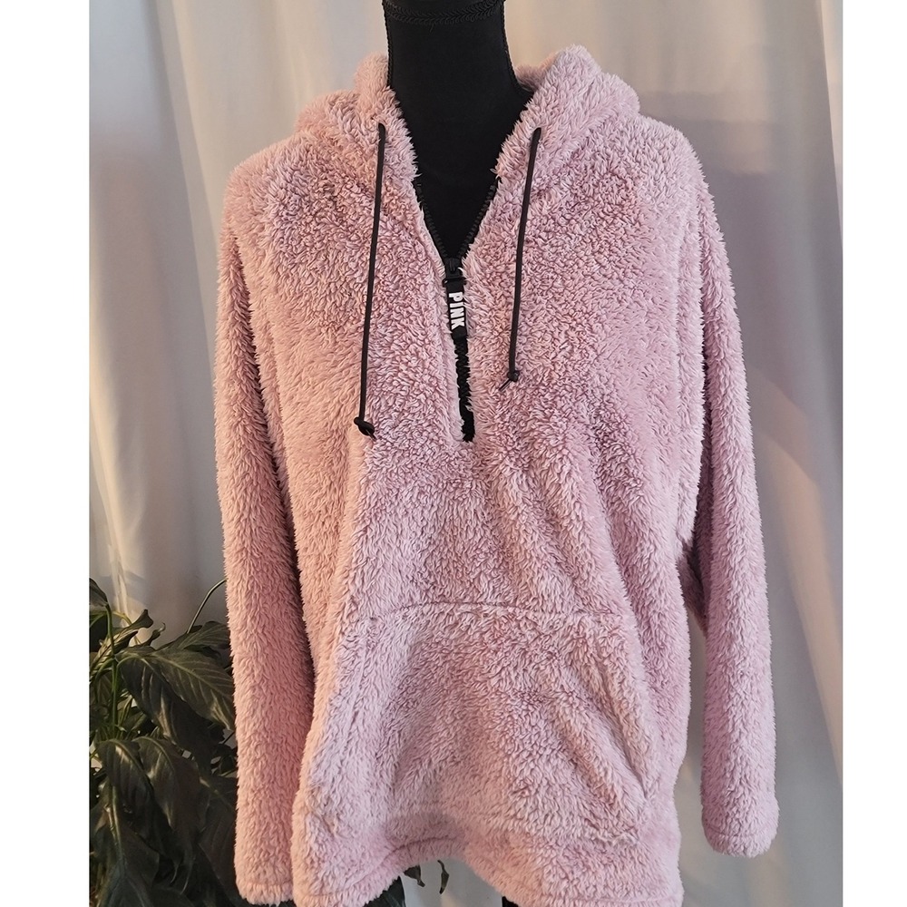 Victoria's Secret PINK Sherpa Fleece Quarter Zip‎ Hoodie Mauve Pink Medium